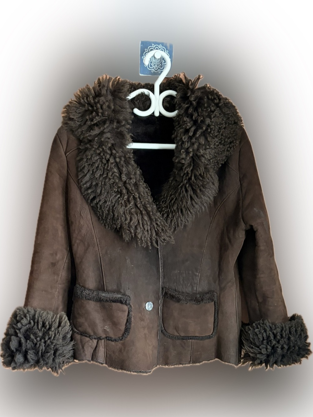 Women's 70s Brown Sheepskin Suede Shearling Afghan Jacket with Fur Trim Vintage